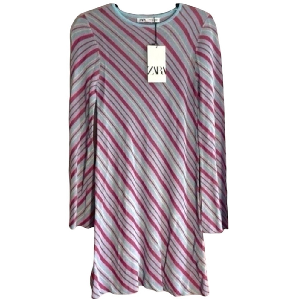 ZARA NWT retro long sleeved blue and pink striped fitted knit dress